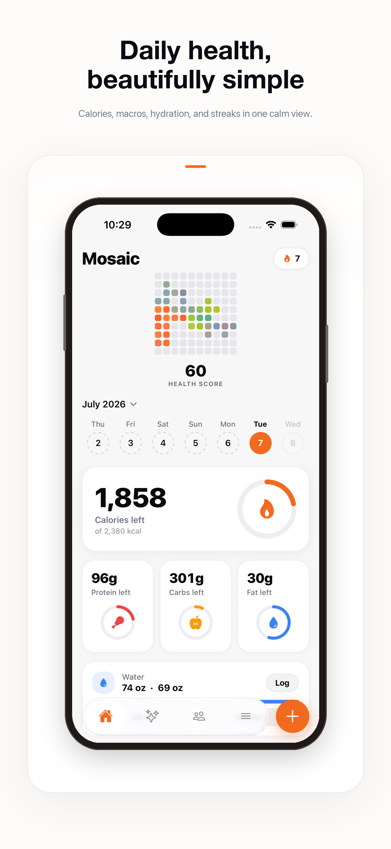 Mosaic daily health screen showing health score, calories, macronutrients, and hydration